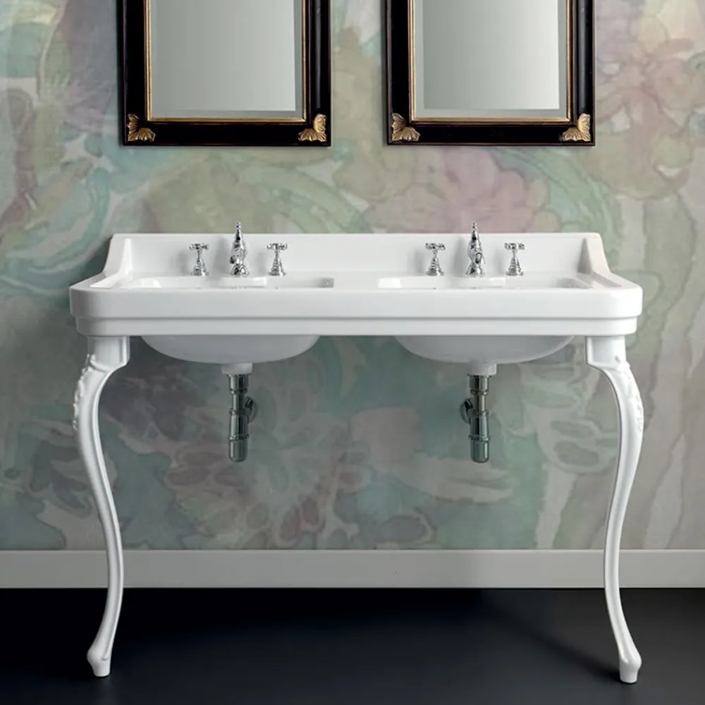 Viadurini Bathroom Keramikwaschbecken-Konsolenwaschtisch aus weißer Keramik mit Doppelwaschbecken L 125 cm - Wollie