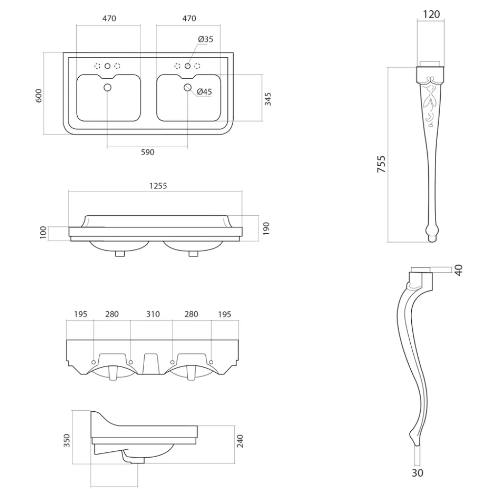 Viadurini Bathroom Keramikwaschbecken-Konsolenwaschtisch aus weißer Keramik mit Doppelwaschbecken L 125 cm - Wollie