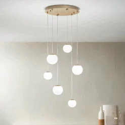 Viadurini Lighting Moderne Kronleuchter-Kronleuchter mit 6 LEDs, optional mit Glas abgedeckt und Sockel aus Metall – Buche