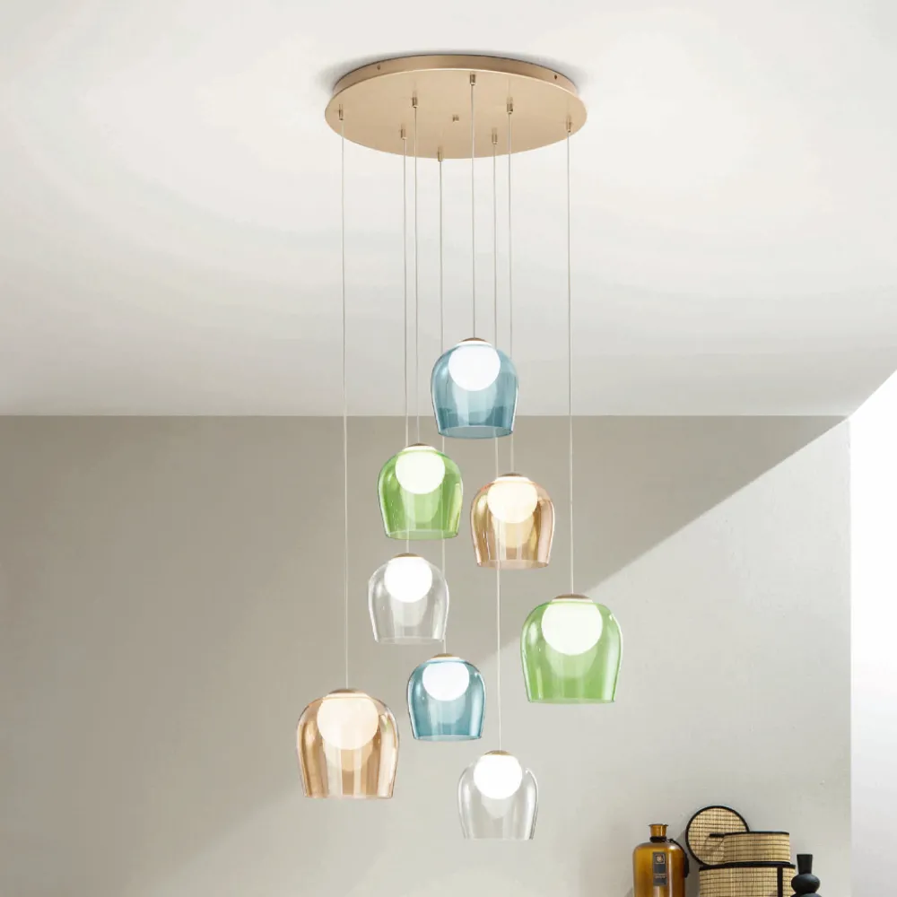 Viadurini Lighting Moderne Kronleuchter-Kronleuchter mit 8 LEDs, optional mit farbigem Glas abgedeckt und Sockel aus Metall – Buche