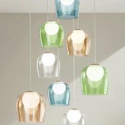 Viadurini Lighting Moderne Kronleuchter-Kronleuchter mit 8 LEDs, optional mit farbigem Glas abgedeckt und Sockel aus Metall – Buche