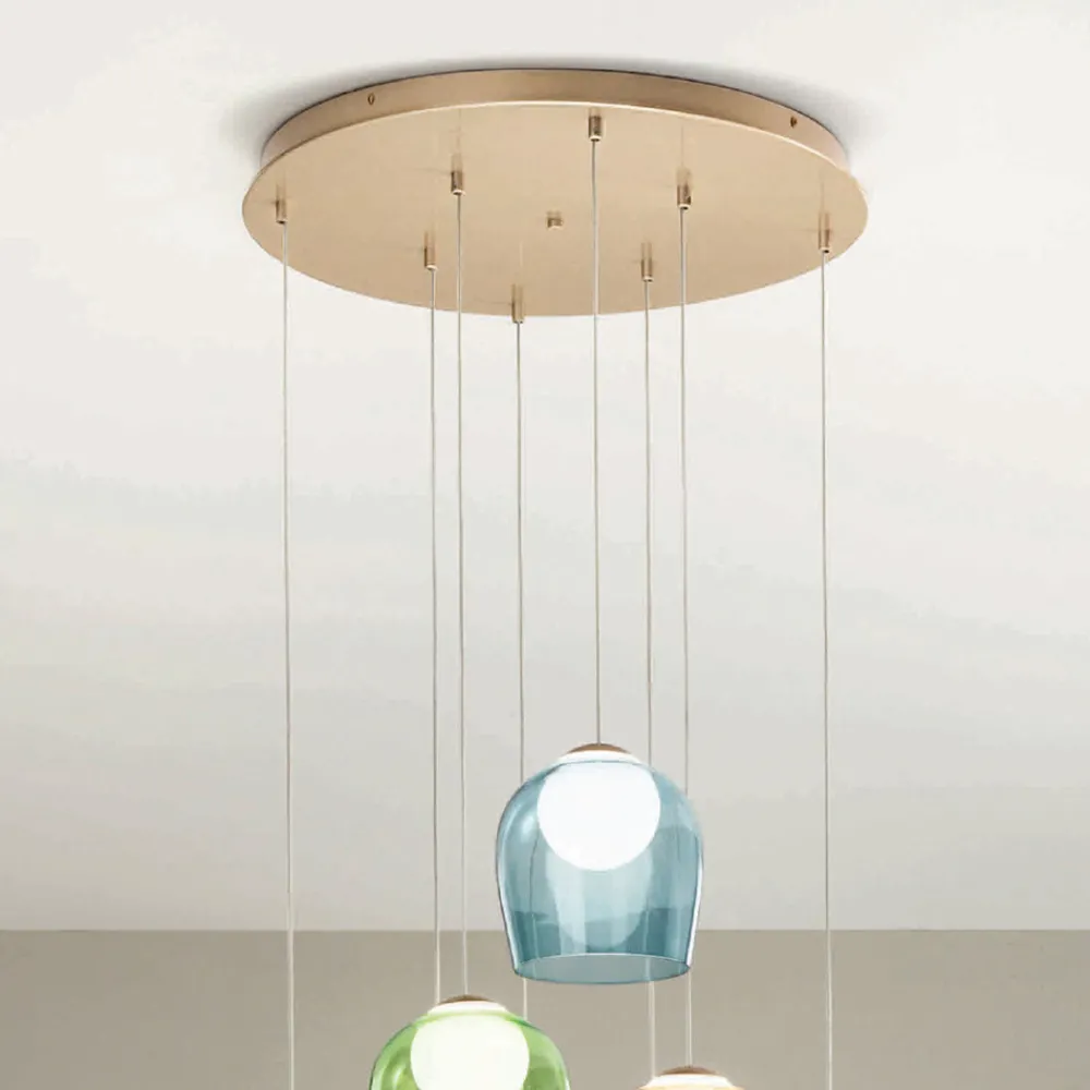 Viadurini Lighting Moderne Kronleuchter-Kronleuchter mit 8 LEDs, optional mit farbigem Glas abgedeckt und Sockel aus Metall – Buche