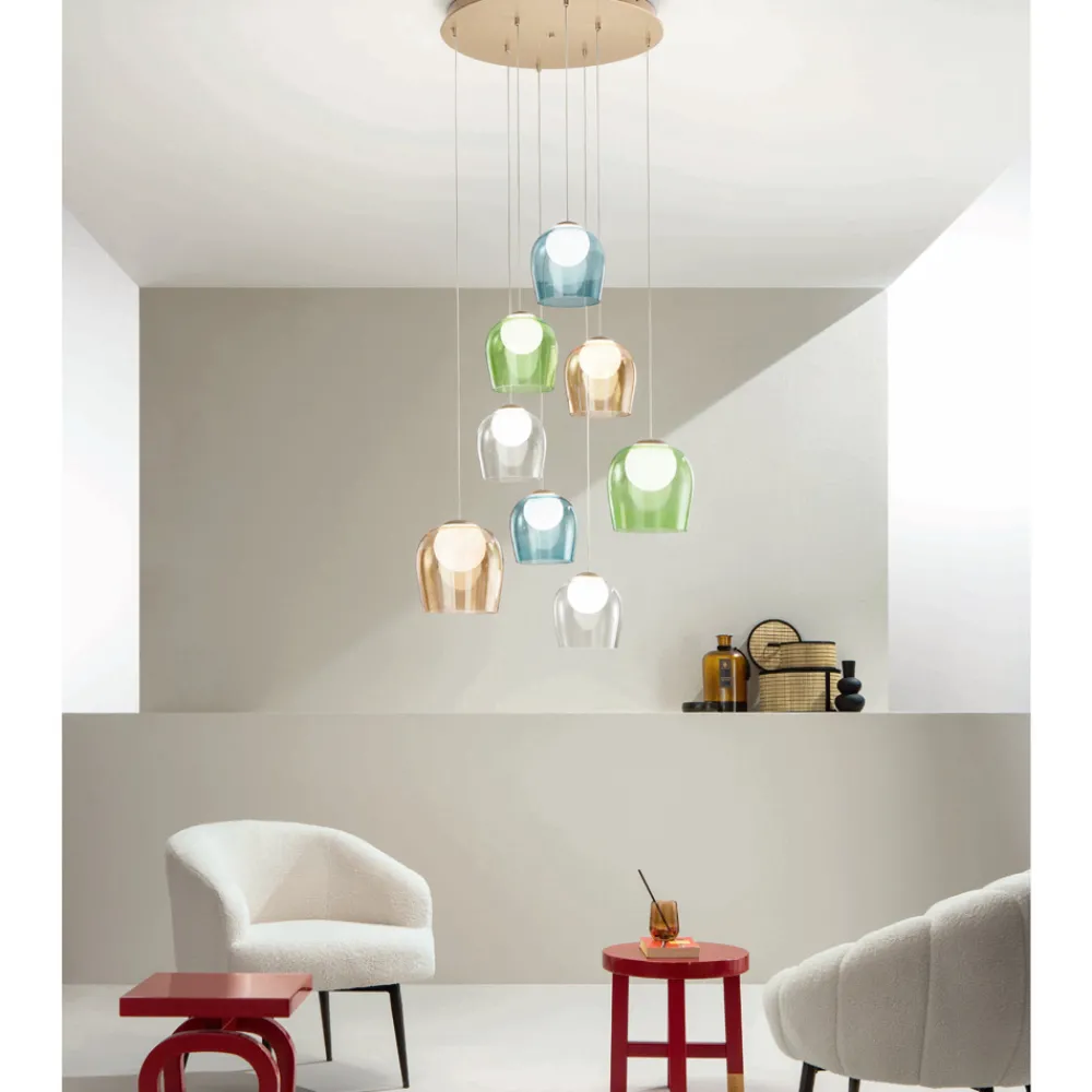 Viadurini Lighting Moderne Kronleuchter-Kronleuchter mit 8 LEDs, optional mit farbigem Glas abgedeckt und Sockel aus Metall – Buche