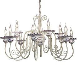 Ferroluce Vintage Kronleuchter-Kronleuchter mit 12 Lichtern aus Keramik Handdekor und antikem Messing - Sanremo