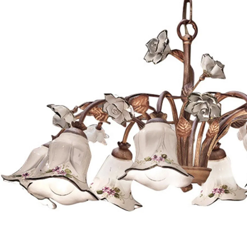 Ferroluce Vintage Kronleuchter-Kronleuchter mit 8 Lichtern aus Metall und handverzierter Keramik und Rosen - Pisa