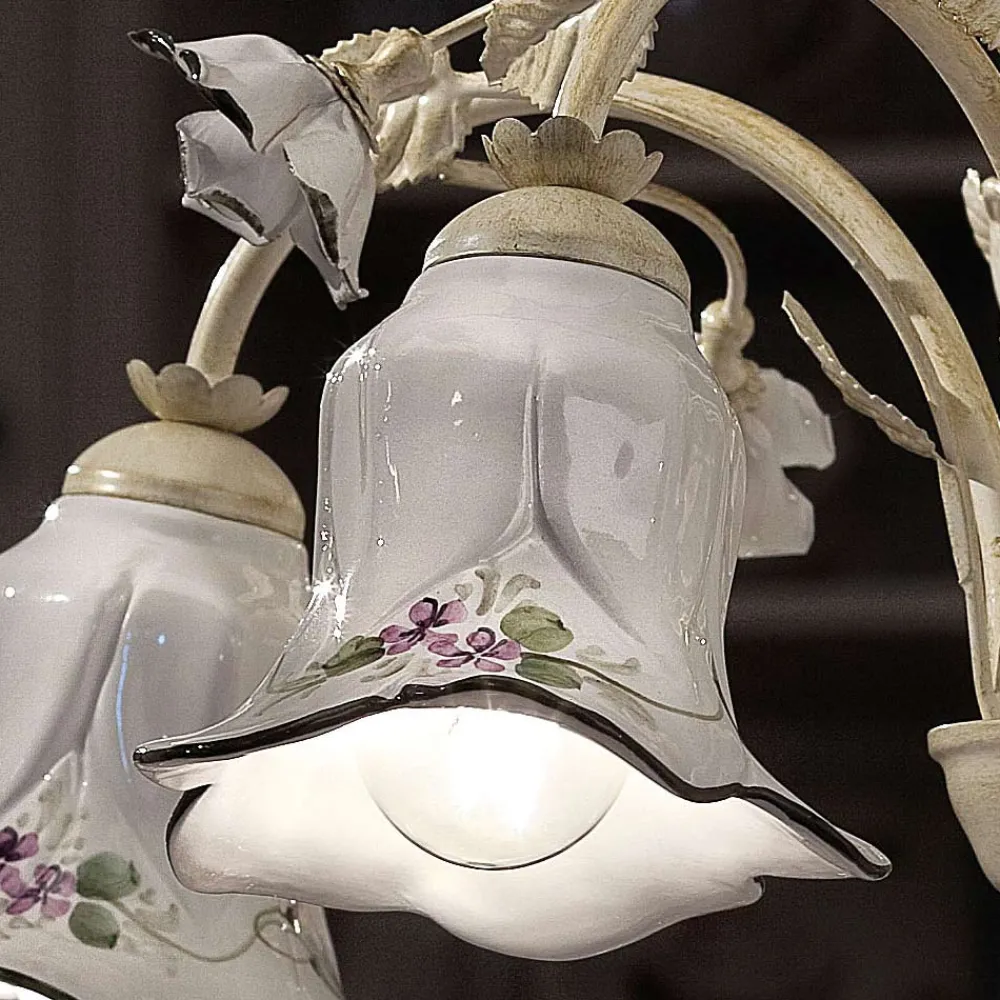 Ferroluce Vintage Kronleuchter-Kronleuchter mit 5 Lichtern aus Metall und handverzierter Keramik und Rosen - Pisa