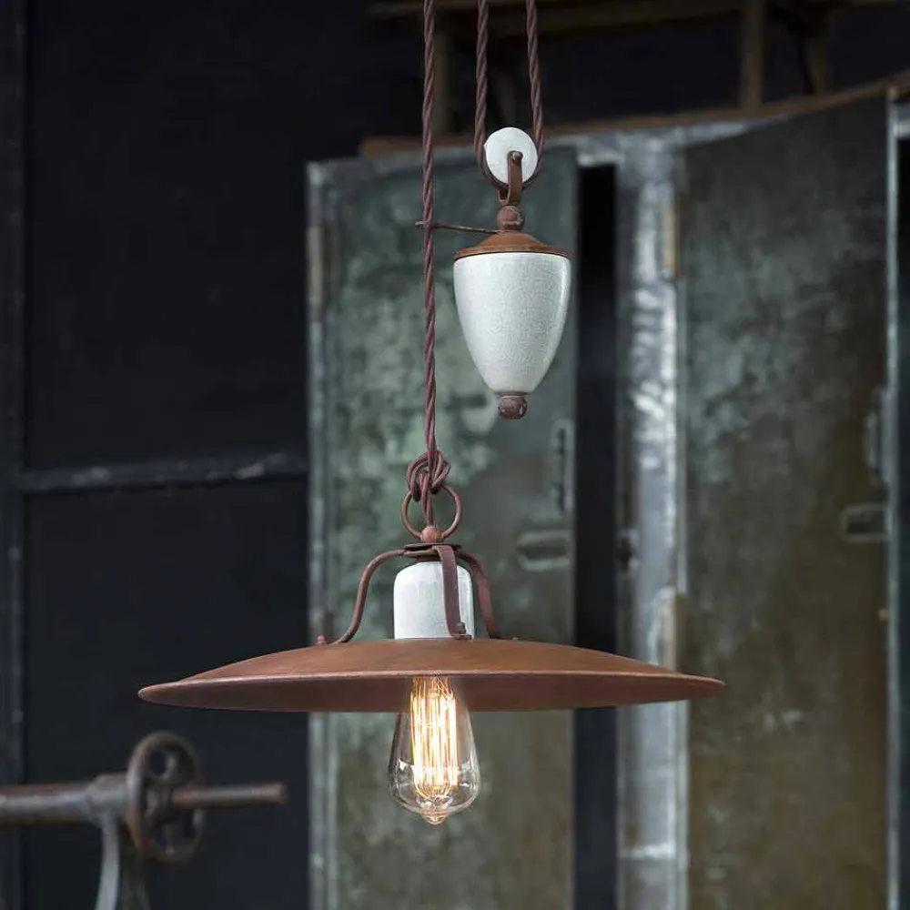 Ferroluce Pendelleuchten Vintage-Lampe Flaschenzug aus Keramik und Metall Kristen