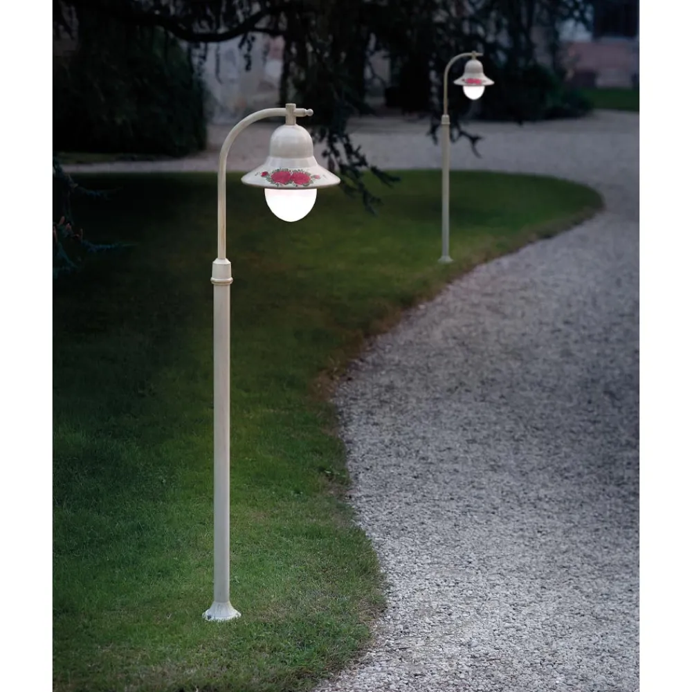 Ferroluce Gartenlampion-Laternenpfahl aus weißem Aluminium für den Außenbereich und handbemalte Blumendekoration – Imperia