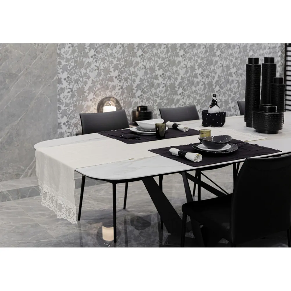 Viadurini Textile Runner-Leinen Tischläufer mit weißer Spitze, italienische Luxusqualität - Farnese