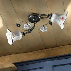 Ferroluce Vintage Deckenleuchten-2-Licht-Deckenlampe aus Metall und Keramik mit handgemalten Rosen - Pisa