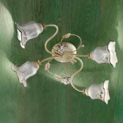 Ferroluce Vintage Deckenleuchten-4-Licht-Deckenleuchte aus Metall und Keramik mit handgemalten Rosen - Pisa