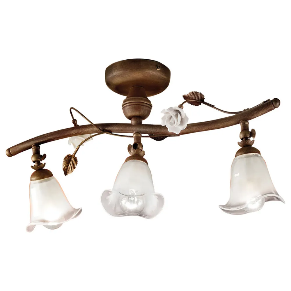 Ferroluce Vintage Deckenleuchten-Lineare Deckenleuchte mit 3 Leuchten aus Eisen, Glas und Keramikrosen - Siena