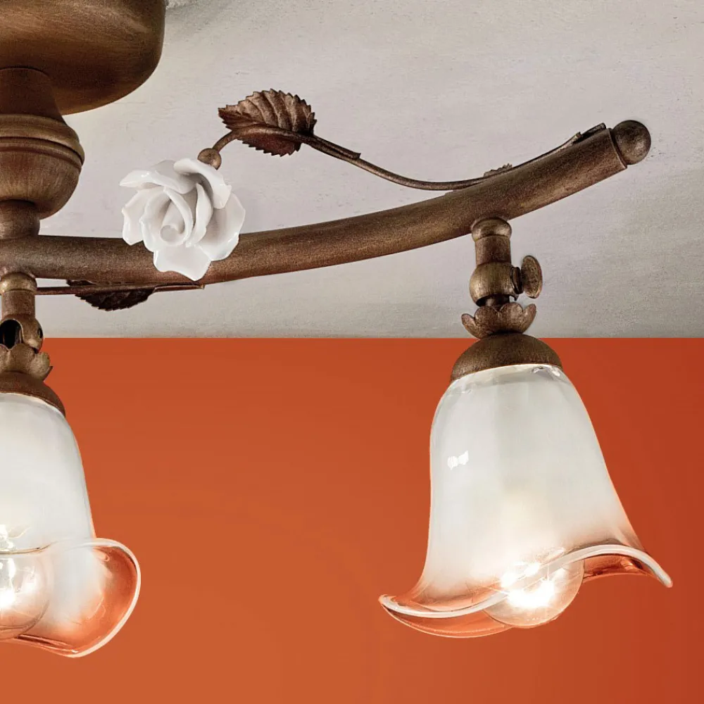Ferroluce Vintage Deckenleuchten-Lineare Deckenleuchte mit 3 Leuchten aus Eisen, Glas und Keramikrosen - Siena