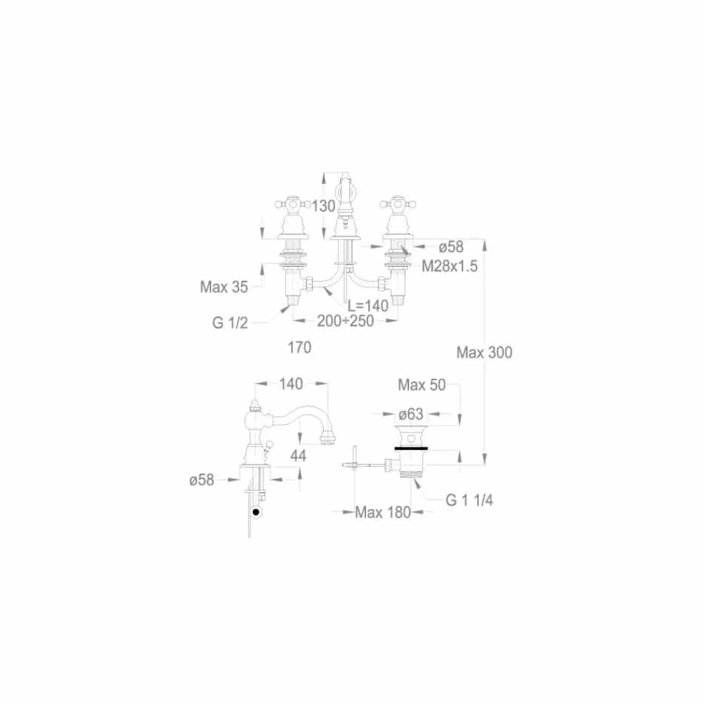 Viadurini Taps Waschbeckenarmaturen-3-Loch-Waschtischmischer 130 mm hoch aus Messing Made in Italy - Binsu