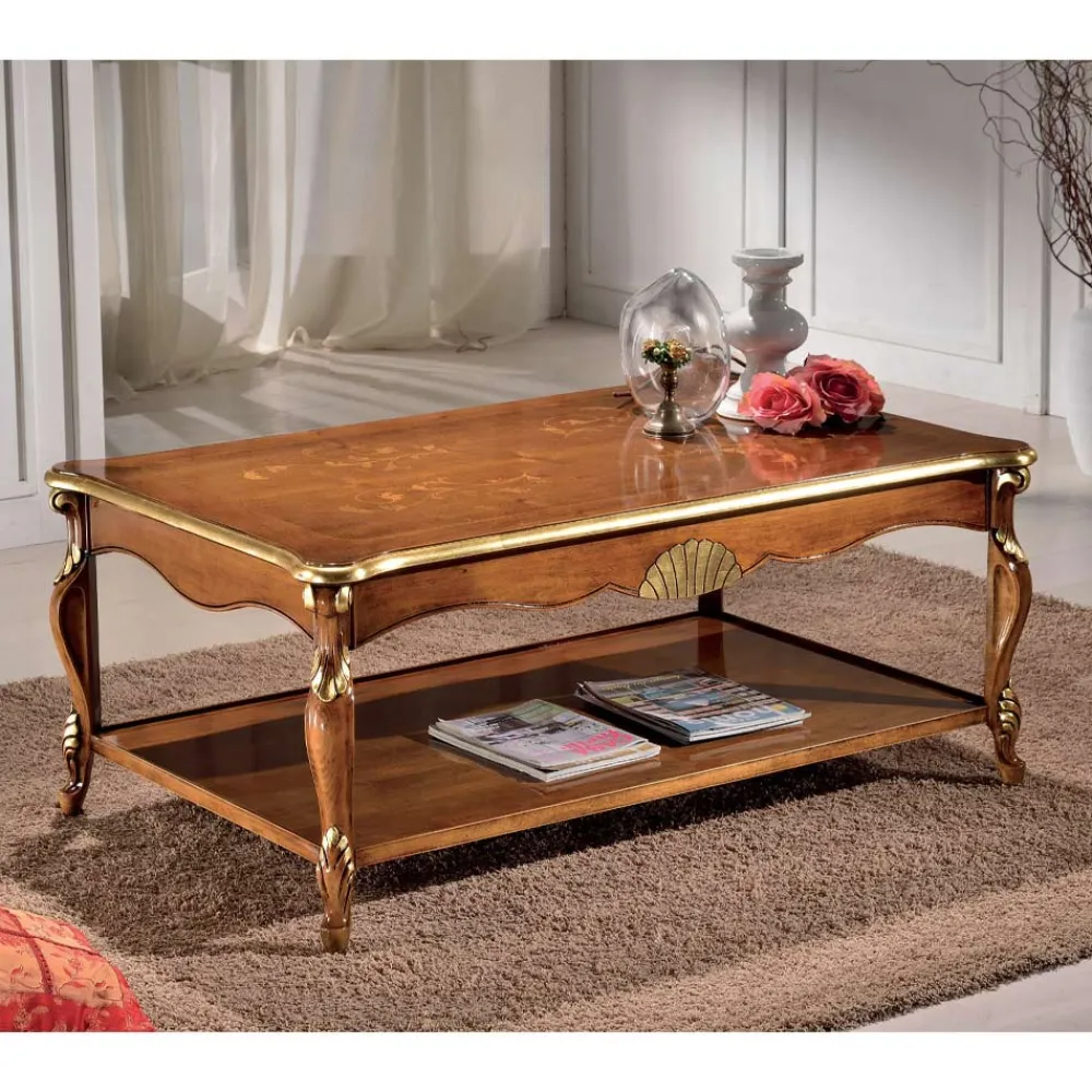 Viadurini Classic Klassische Couchtische-Luxuriöser Couchtisch aus Walnussholz und Gold mit Intarsien Made in Italy - Cambrige