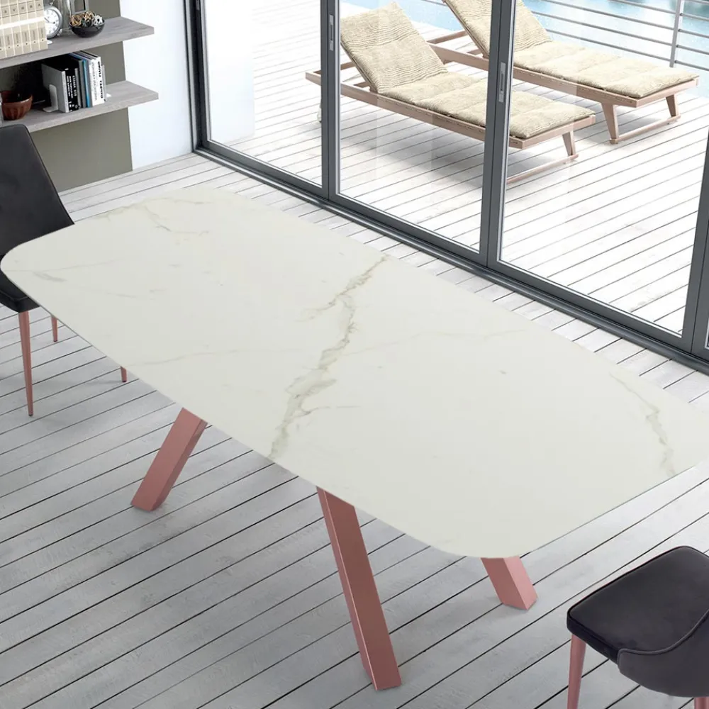 Viadurini Living Esstische-Moderner Barrel-Tisch aus Keramik und roségoldenem Stahl, hergestellt in Italien – Settimmio