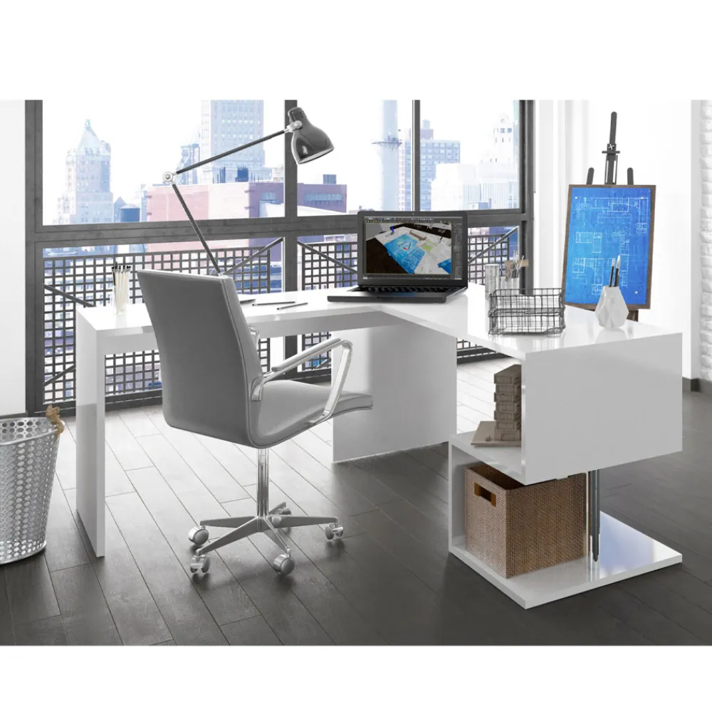 Viadurini Design Design Schreibtische-Moderner Eckschreibtisch Glänzend Weiß Holz oder Schiefer Design - Michel