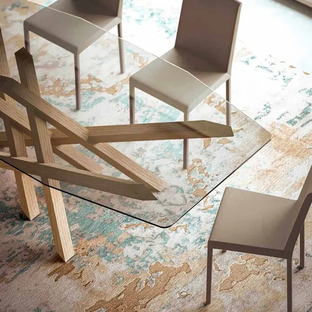 Viadurini Living Esstische-Moderner Esstisch aus Glas und natürlichen Eischenholz made in Italy Acciano