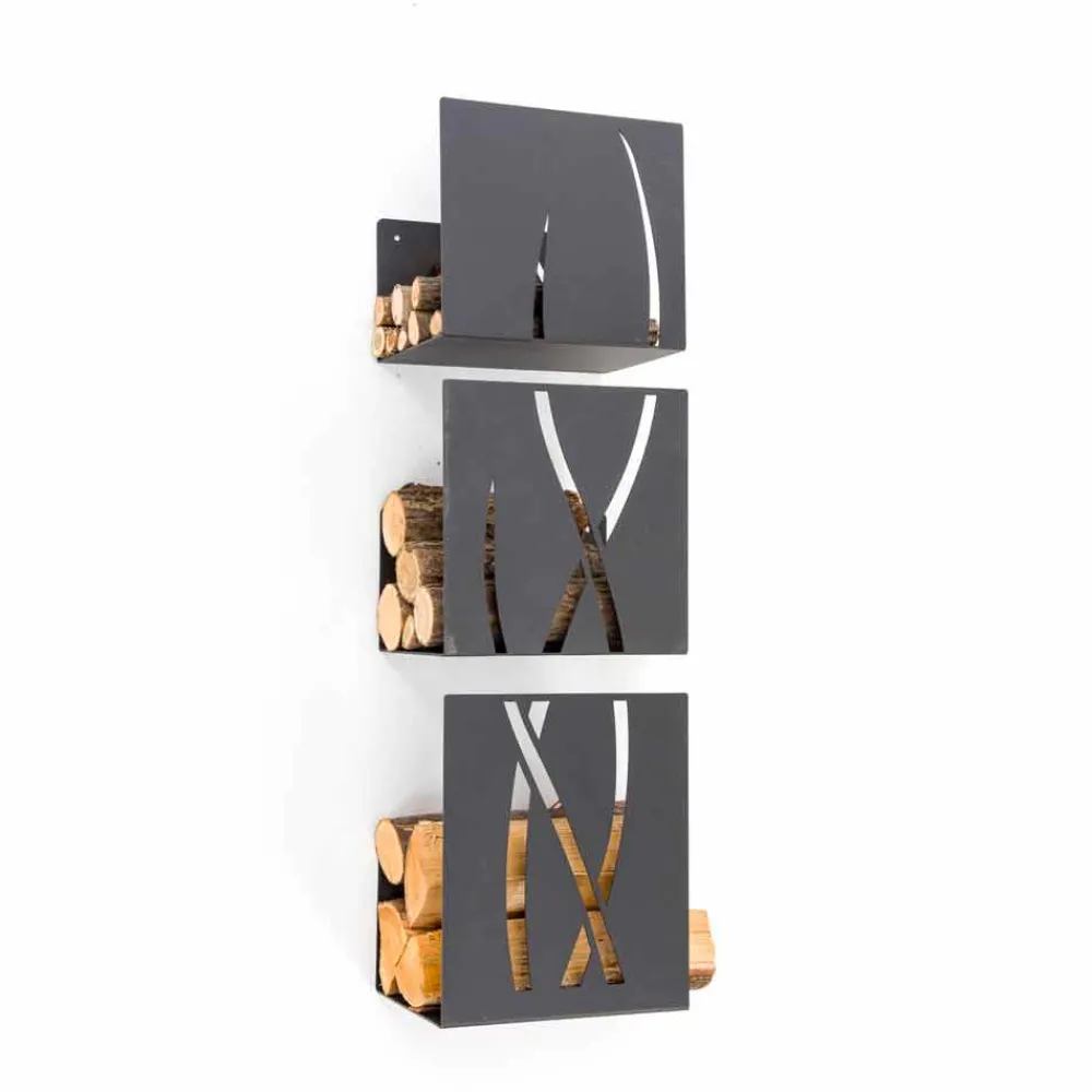 Viadurini Fire Design Kaminholzständer Aus Eisen Und Stahl-Modernes Design Wand Brennholzhalter aus schwarzem Stahl 3 Stück - Garigliano