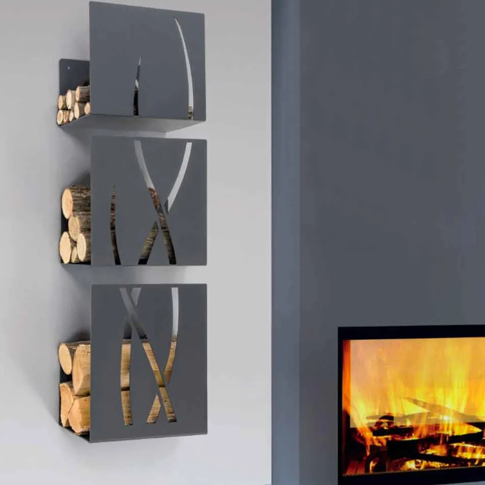 Viadurini Fire Design Kaminholzständer Aus Eisen Und Stahl-Modernes Design Wand Brennholzhalter aus schwarzem Stahl 3 Stück - Garigliano