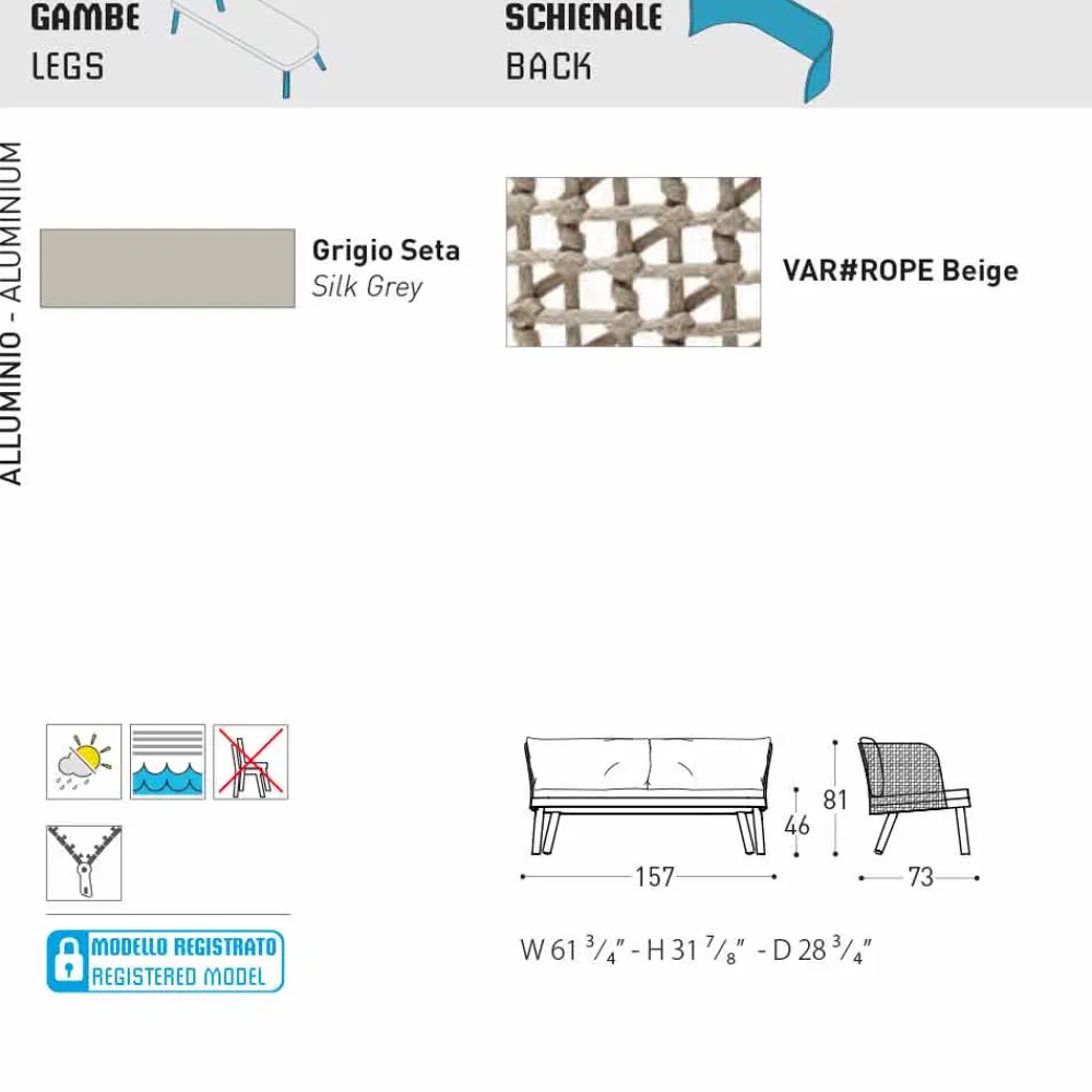 Varaschin Gartensofas-Modernes 2-Sitzer Gartensofa gepolstert Emma