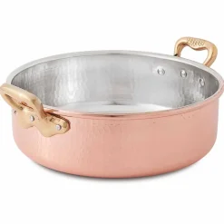 Viadurini Kitchen Kochgeschirr-Niedriger Bräter aus verzinntem Kupfer von Hand rund mit 2 Griffen 28 cm - Gianfranco