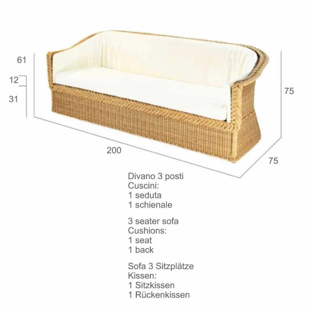 Viadurini in the Garden Gartensofas-Outdoor Polyrattan Loungesofa 3 Sitzer handgeflochten