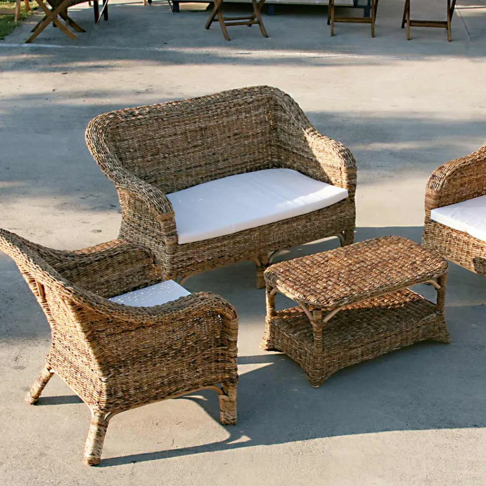 Viadurini in the Garden Sessel Rattan-Outdoor-Sessel aus natürlichem Bananengeflecht und ecrufarbenem Kissen - Dish