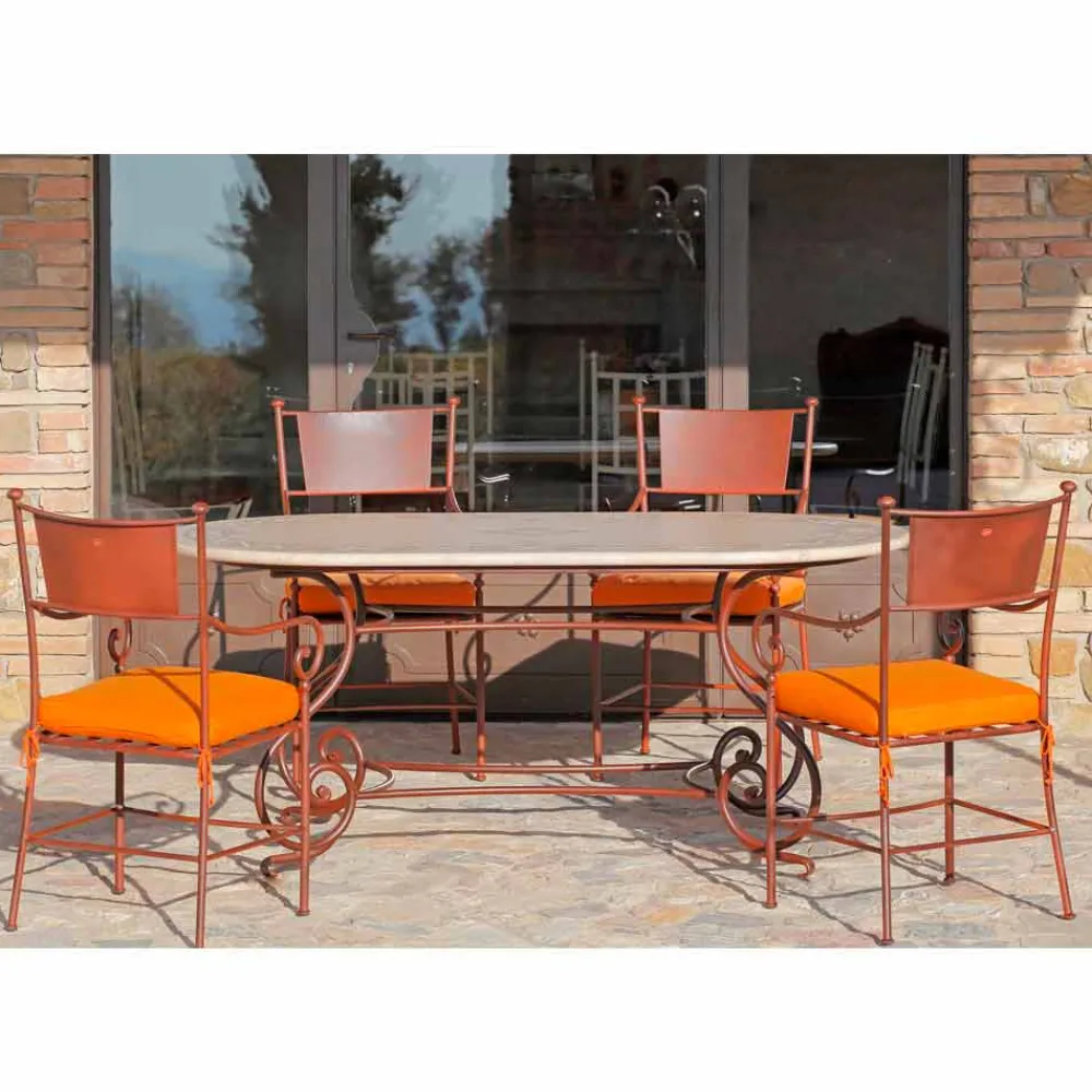 Viadurini in the Garden Gartentische Fest-Outdoor-Tisch aus Travertin mit Mosaik-Einsätzen Made in Italy - Elegant