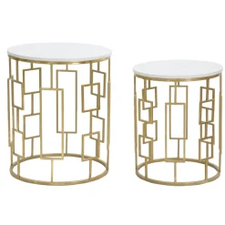 Viadurini Living Moderne Couchtische-Paar runde goldene Couchtische mit Eisenstruktur - Marmolo