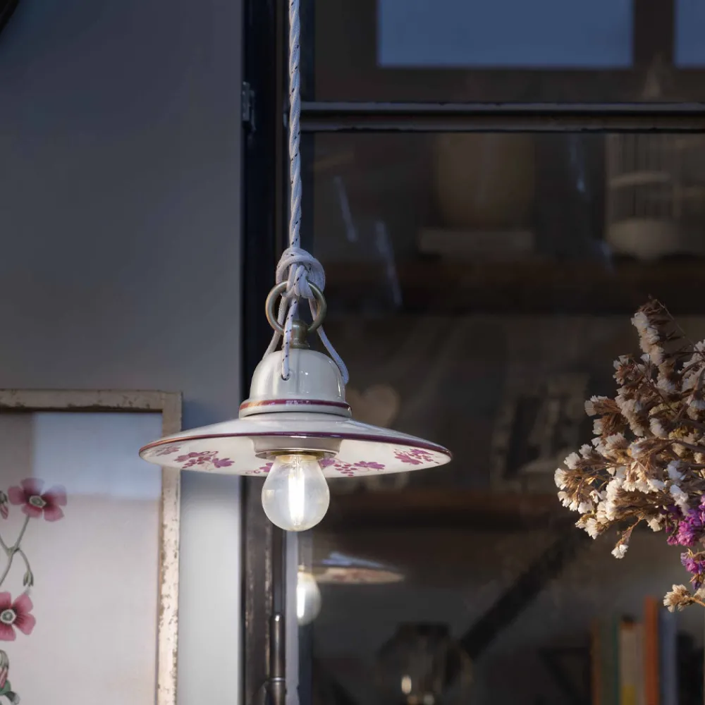 Ferroluce Pendelleuchten Vintage-Pendelleuchte in handbemalter Keramik und Eisendesign - Asti