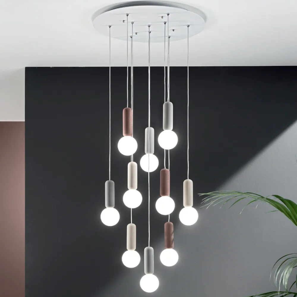 Viadurini Lighting Moderne Pendelleuchten-Pendelleuchte mit 6 oder 10 Lichtern aus Zement und mundgeblasenem Glas - Duster
