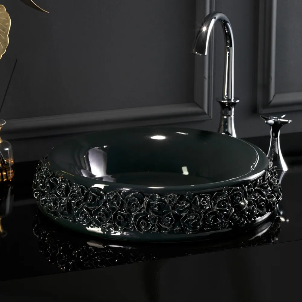 Viadurini Bathroom Keramikwaschbecken-Porzellanwaschbecken mit handapplizierten Blütenblättern, hergestellt in Italien – Amarone