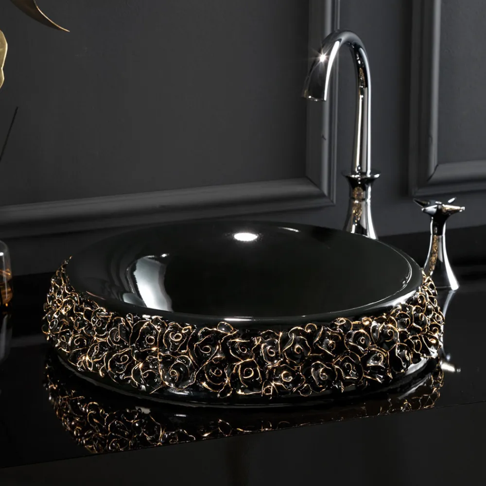 Viadurini Bathroom Keramikwaschbecken-Porzellanwaschbecken mit handapplizierten Blütenblättern, hergestellt in Italien – Amarone