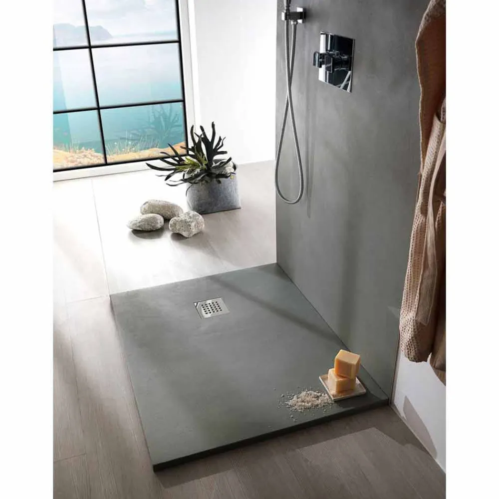 Viadurini Bathroom Quadratische Duschwannen-Quadratische Duschwanne 90x90 Betoneffekt mit Stahlgitter - Cupio