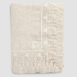 Viadurini Textile Tischdecken-Rechteckige beige Leinentischdecke mit luxuriösem Quasten-Spitzenrahmen - Reißverschluss