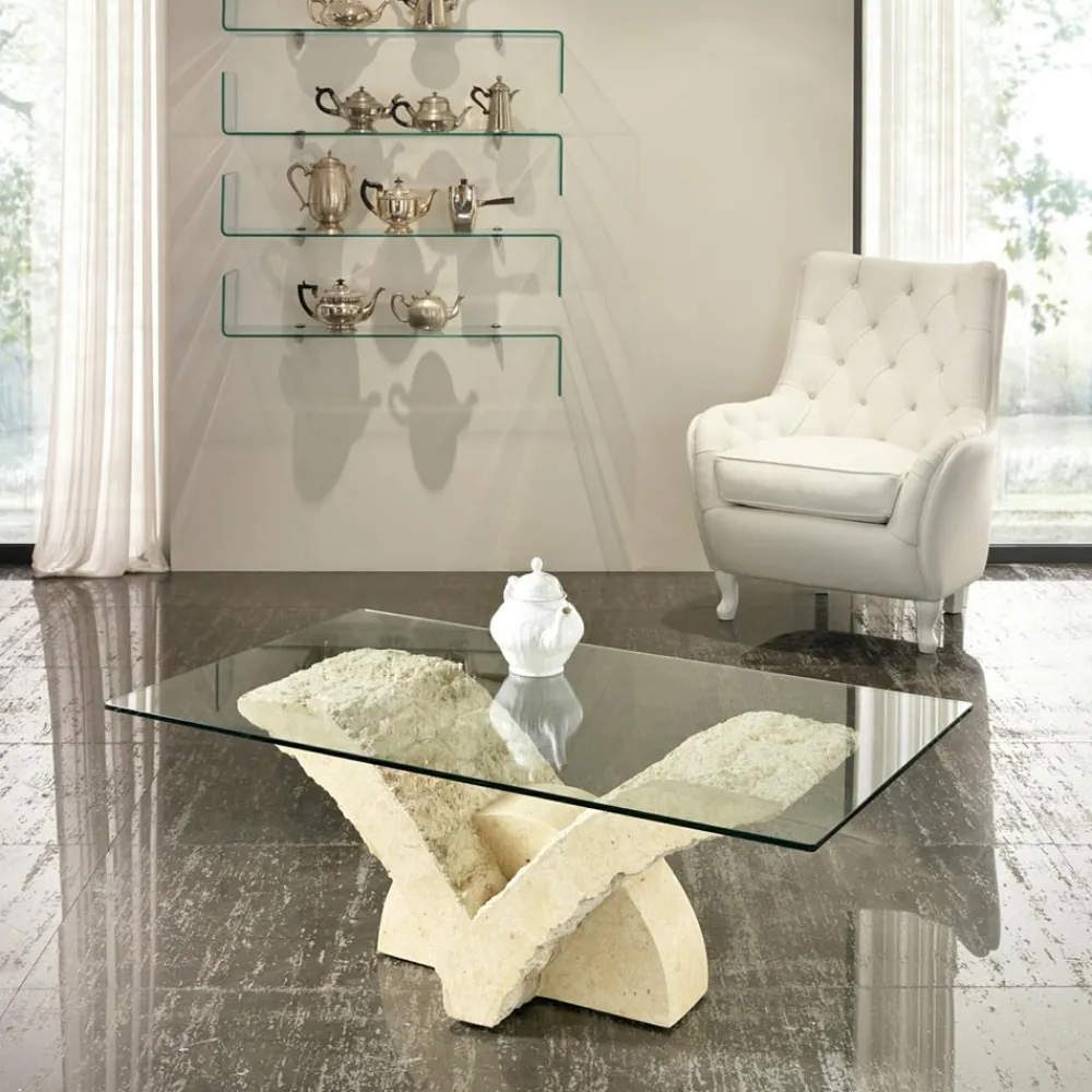 Viadurini Living Couchtische Aus Stein-Rechteckiger Couchtisch mit Sockel aus weißem Fossilstein – Gardenia