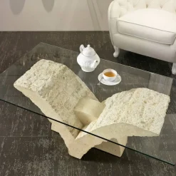 Viadurini Living Couchtische Aus Stein-Rechteckiger Couchtisch mit Sockel aus weißem Fossilstein – Gardenia