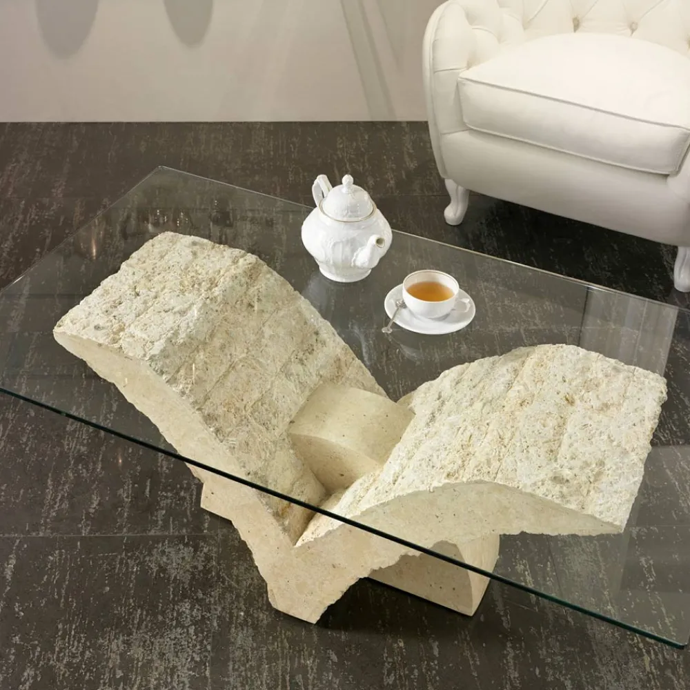 Viadurini Living Couchtische Aus Stein-Rechteckiger Couchtisch mit Sockel aus weißem Fossilstein – Gardenia