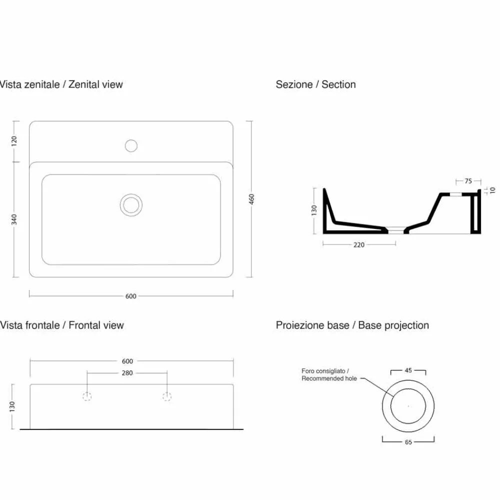 Viadurini Bathroom Keramikwaschbecken-Rechteckiges Aufsatzwaschbecken L 60 cm aus Keramik Made in Italy - Piacione