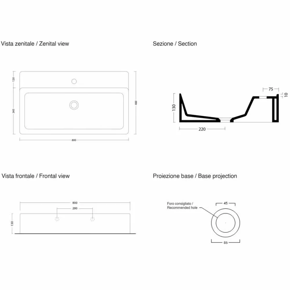 Viadurini Bathroom Keramikwaschbecken-Rechteckiges Aufsatzwaschbecken L 80 cm aus Keramik Made in Italy - Piacione