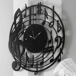 Viadurini Time Design Wanduhren-Runde schwarze Wanduhr des modernen Designs in verziertem Holz - Musik