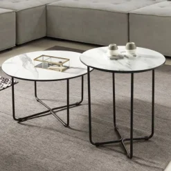 Viadurini Living Moderne Couchtische-Runder Couchtisch aus Glas mit Marmoreffekt Made in Italy - Miguel