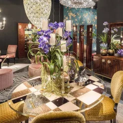 Viadurini Living Esstische Nach Mass|Esstische-Runder Couchtisch Ozzy mit Glasplatte und Intarsien, italienisches Design