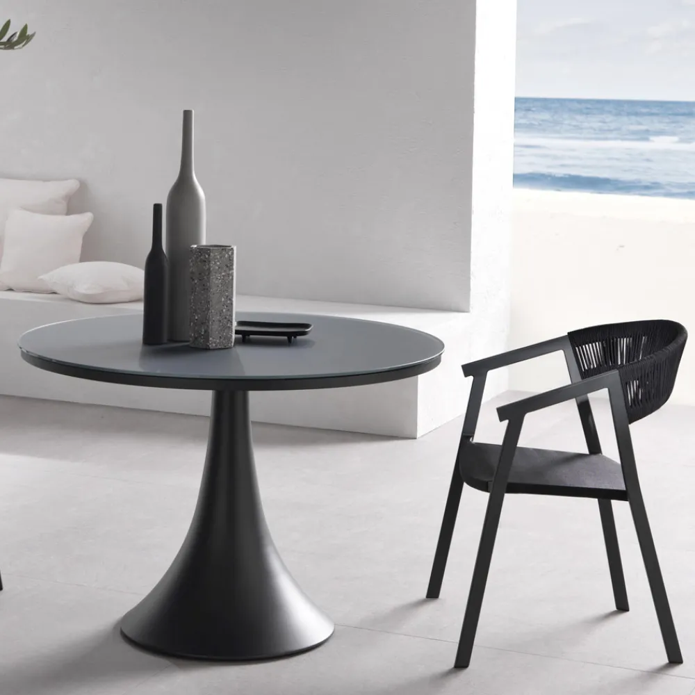 Viadurini in the Garden Gartentische Aus Aluminium-Runder Outdoor-Tisch aus pulverbeschichtetem Aluminium und Glas – Arcade