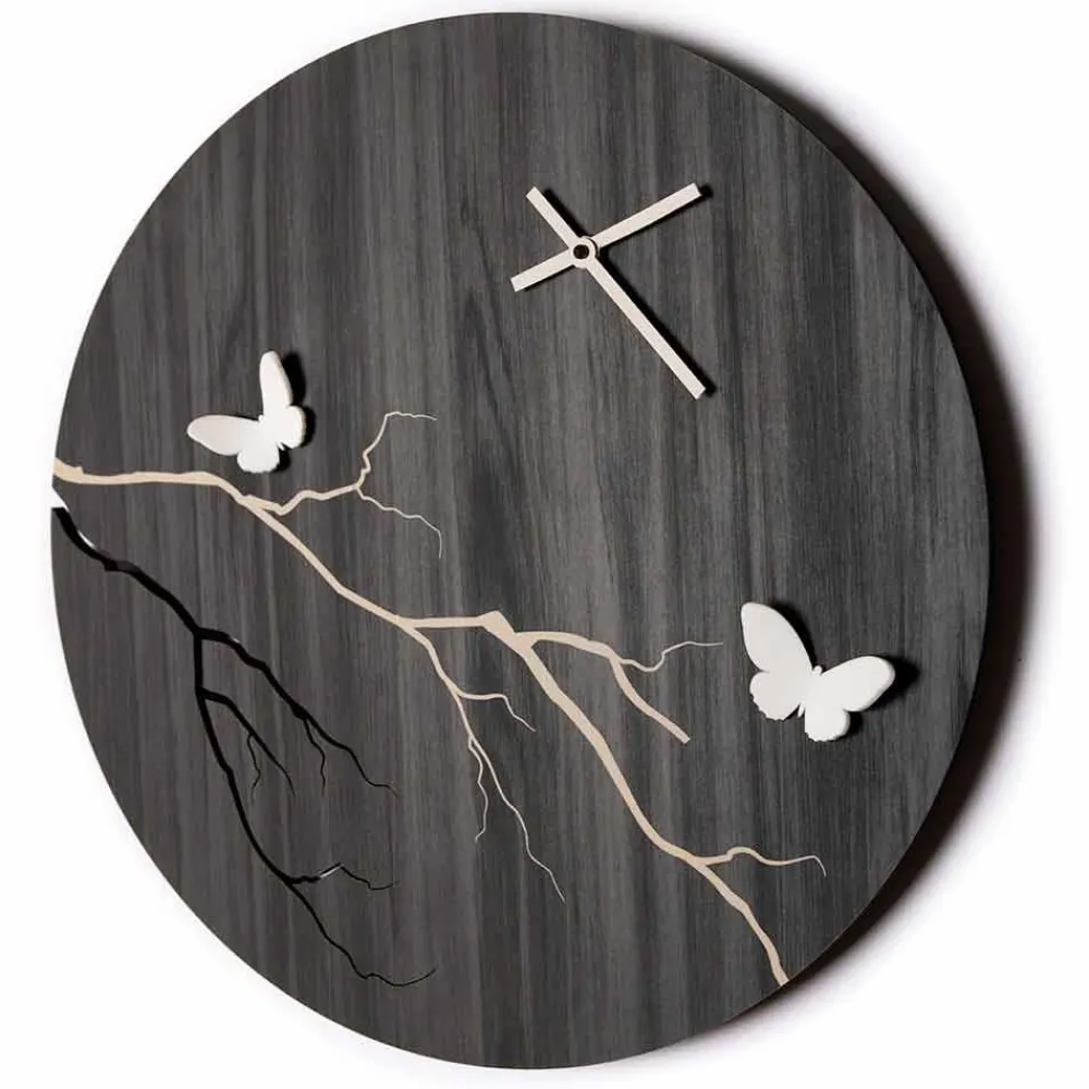 Viadurini Time Design Wanduhren-Rundes Design Wanduhr aus lasergraviertem Holz und 3D-Schmetterlingen - Farfo