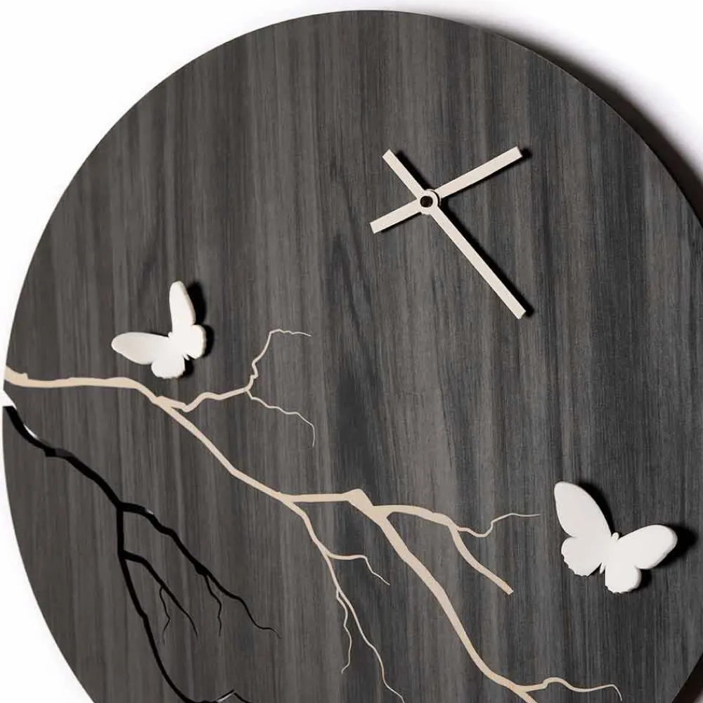 Viadurini Time Design Wanduhren-Rundes Design Wanduhr aus lasergraviertem Holz und 3D-Schmetterlingen - Farfo