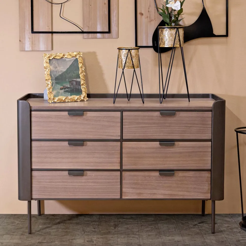 Viadurini Night Design Kommoden-Schlafzimmerkommode aus Tannenholz und Grauguss mit 6 Schubladen - Cooper