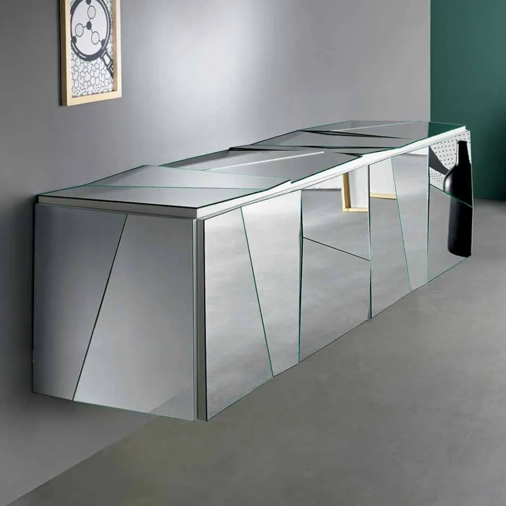Viadurini Living Sideboards-Sideboard mit Wandbehang aus mattweißem Holz und verspiegelten Gläsern - Senese