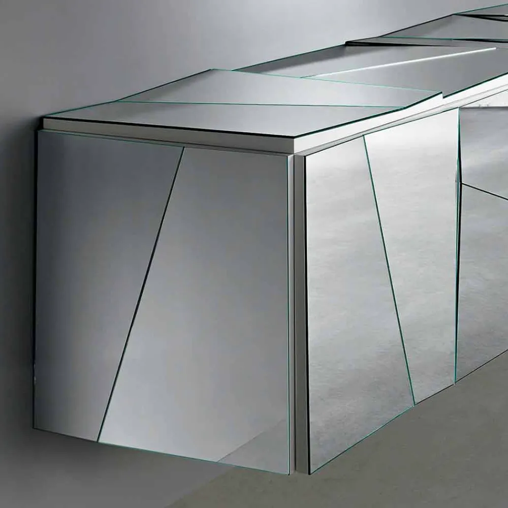 Viadurini Living Sideboards-Sideboard mit Wandbehang aus mattweißem Holz und verspiegelten Gläsern - Senese